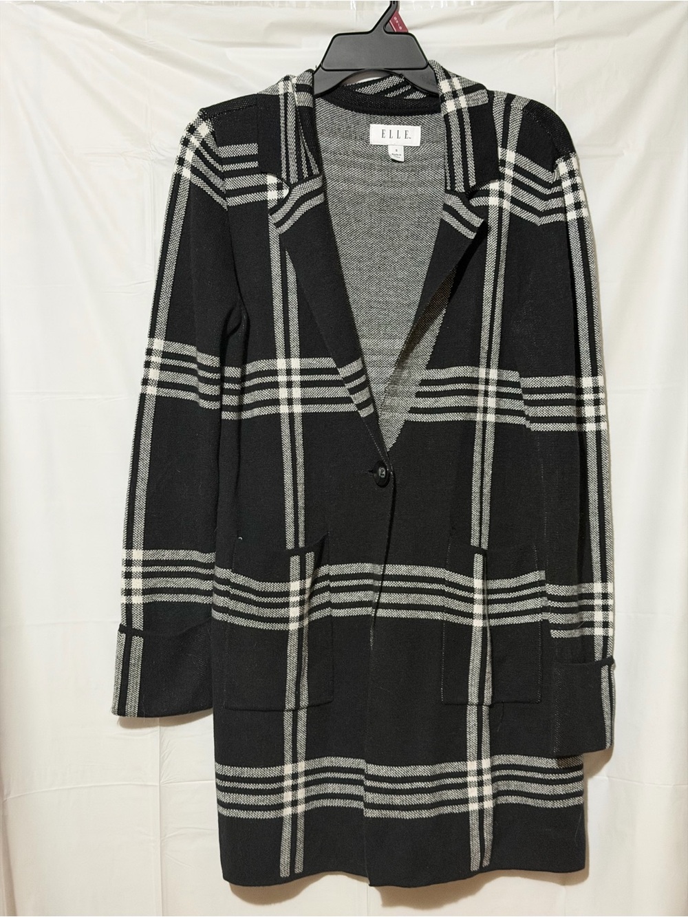 ELLE Black and Gray Plaid Long Blazer